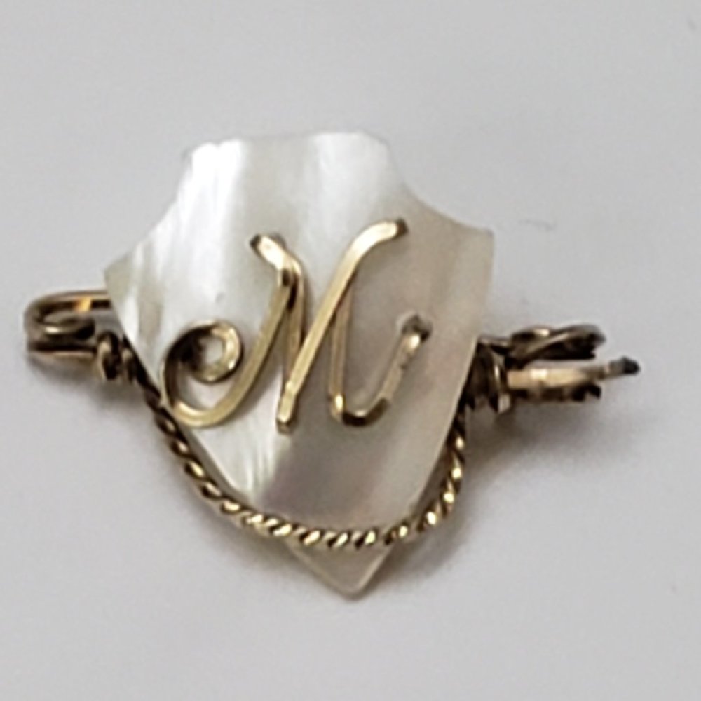 Antique Genuine Solid 10k Yellow Gold Mother-of-Pearl "M" Brooch, 1880s